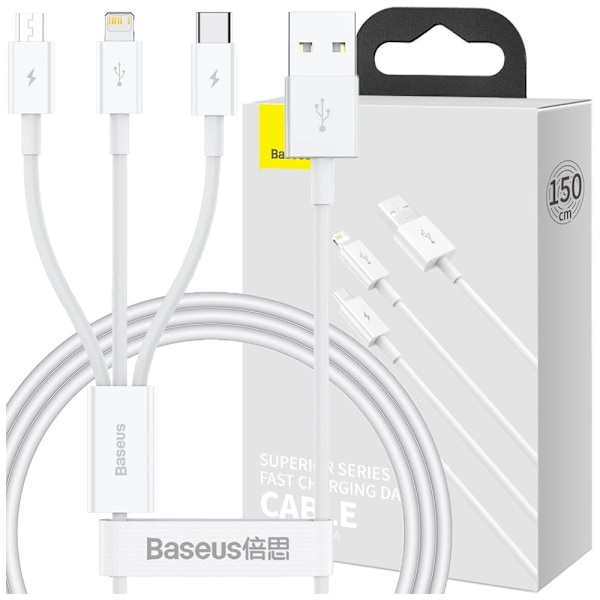 Baseus Superior Series USB-A - USB-C / Lightning / micro USB 3.5A-kabel 0.5m - hvit