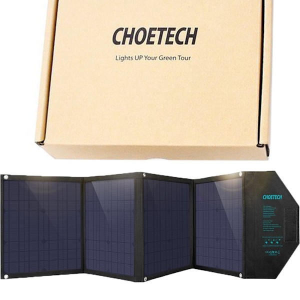 Choetech stor sammenleggbar fotovoltaisk solcellelader 80W USB Type C (strømforsyning) / 2x USB (hurtiglading / 2,4A) (158 x 41 cm) svart (SC007)