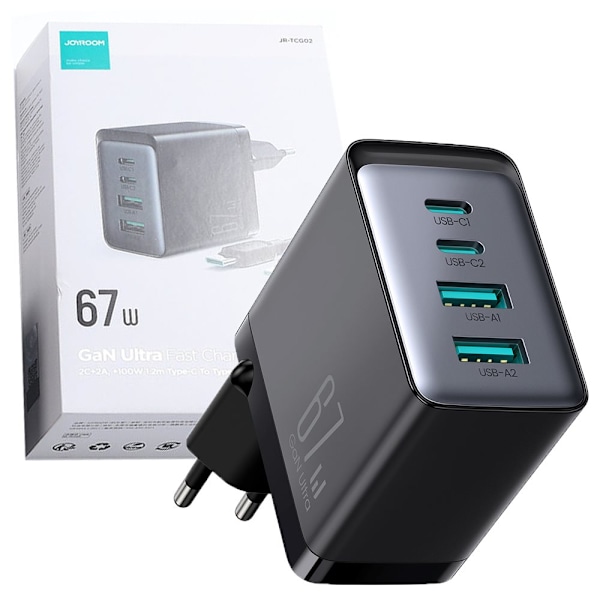 Joyroom GaN lader 67W 4 porter (2x USB, 2x USB C) svart (TCG02) + USB C - USB C kabel 100W 1,2m