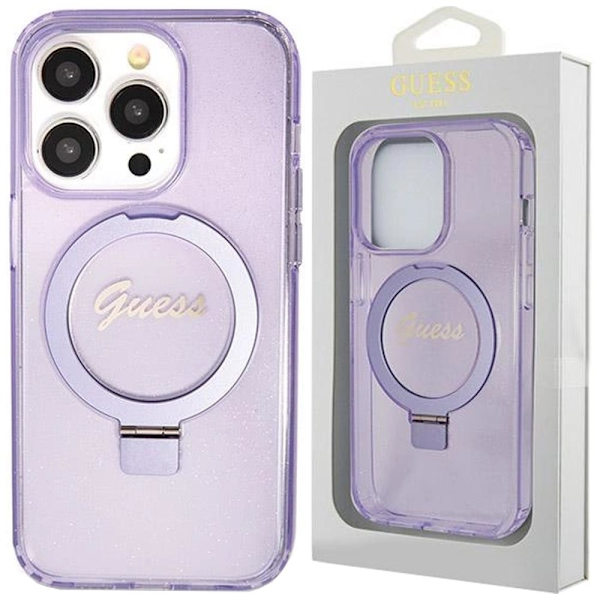 Guess Ring Stand Script Glitter MagSafe-deksel til iPhone 14 Pro - lilla