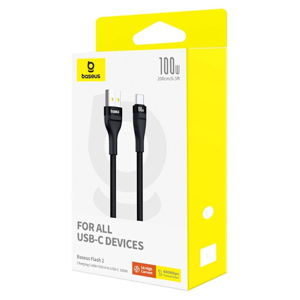Baseus Flash 2 USB-A / USB-C kabel 100W 2 m - svart