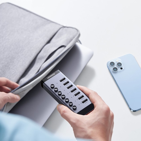 Ugrønn multifunksjonell HUB 7in1 USB Type C - 7x USB Type A 3.0 PD DC 12V grå (CM481)
