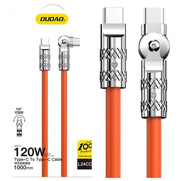 Vinkel USB C - USB C-kabel 120W 1m 180° rotasjon Dudao - oransje