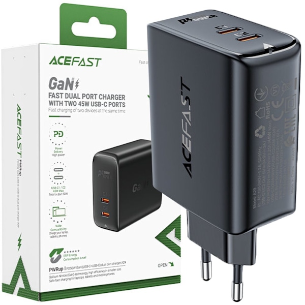 Acefast A29 PD50W GaN (USB-C+USB-C) toportslader svart