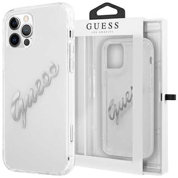 Guess GUHCP12MKTRSVSI iPhone 12/12 Pro 6.1 gjennomsiktig hardt deksel Vintage Script Silver