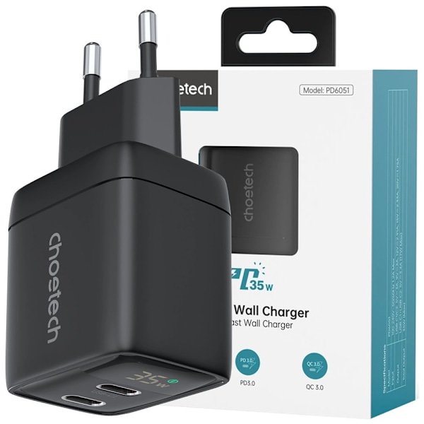 Choetech PD6051 USB-C USB-C PD 35W GaN vegglader med skjerm - svart