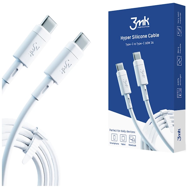 Tilbehør - 3mk Hyper-silikonkabel Type-C - Type-C 60W 3A