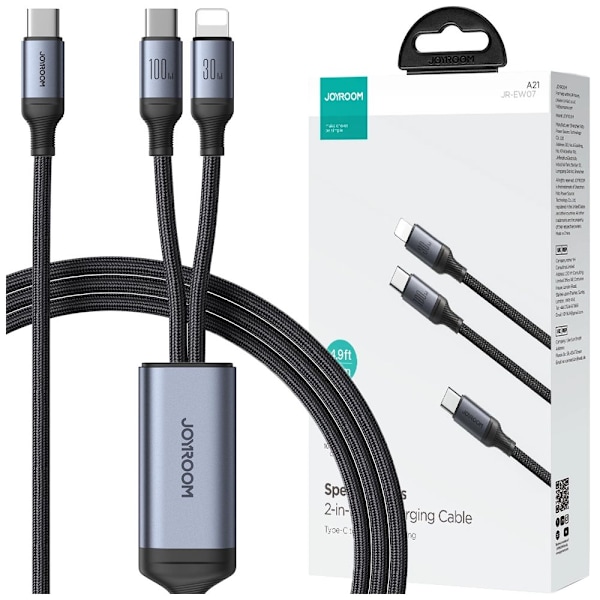 2 i 1 kabel Joyroom Speedy series SA21-1T2 USB-C - USB-C / Lightning 100W 1,5m svart