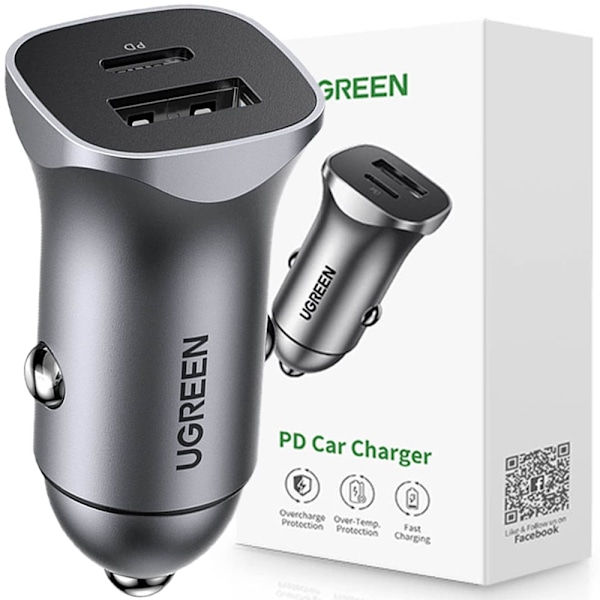Ugrønn hurtig billader USB-A / USB-C 30W PD PPS grå (CD130) Gjuten aluminium