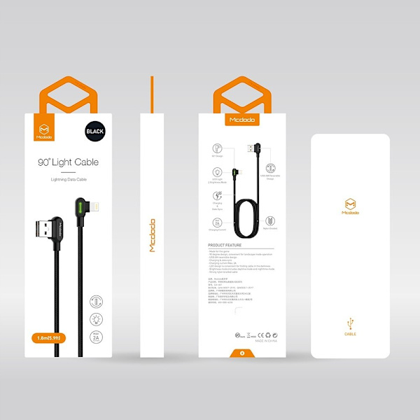MCDODO VINKELKABEL 90° DUBBELSIDIG LYN IPHONE 11 12 13 14 LED 2M