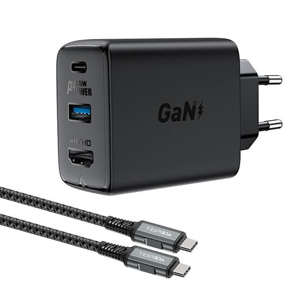 Acefast 2in1 GaN 65W USB Type C / USB-lader, HDMI-adapter 4K@60Hz (sett med kabel) svart (A17 svart)
