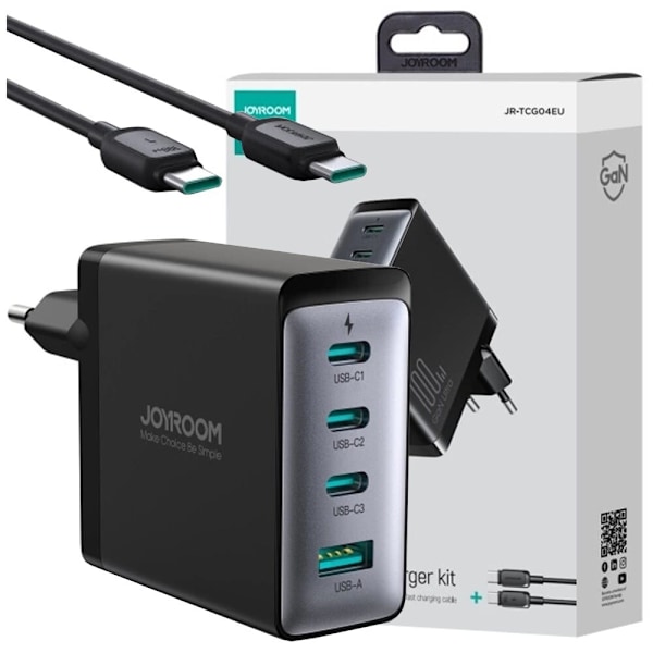 Joyroom JR-TCG04EU 100W GaN lader 3x USB-C USB-A + USB-C / USB-C 100W kabel - svart