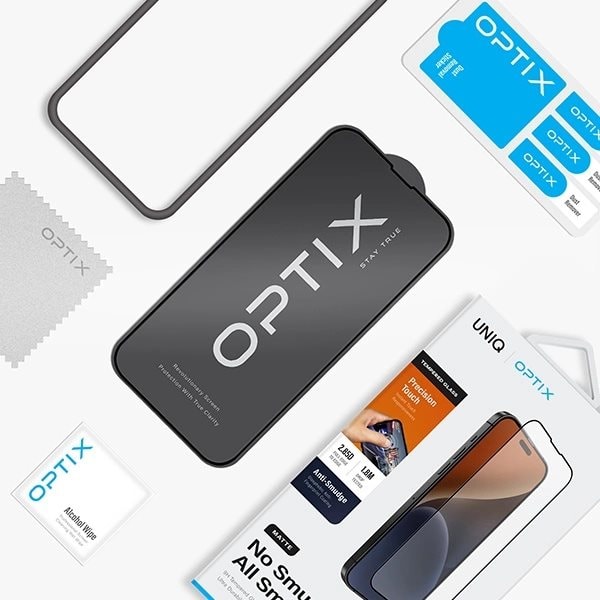 UNIQ Optix matt frostet herdet glass for iPhone 15 Plus / 14 Pro Max med applikator