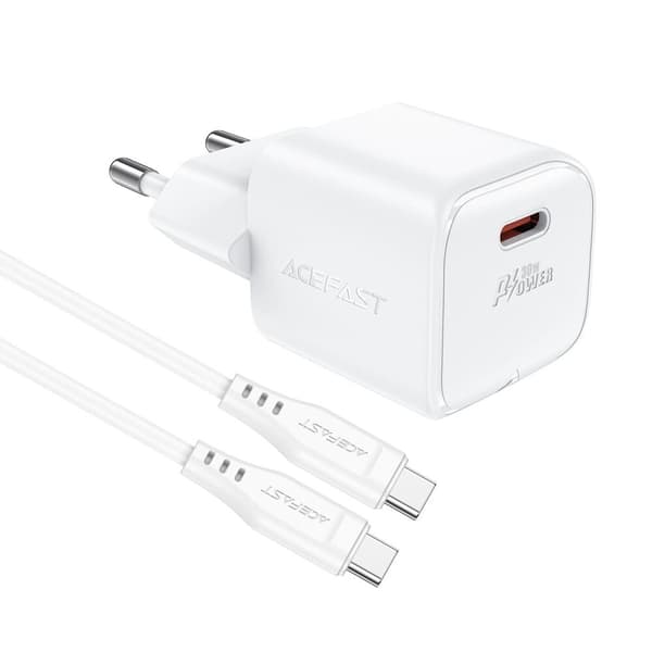 Acefast A77 Mini PD 30W GaN vegglader + USB-C kabel - hvit