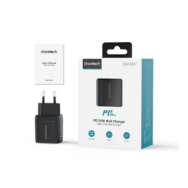 CHOETECH USB-C NETVÆRKSLADER USB-C PD 35W GAN MED DISPLAY SORT