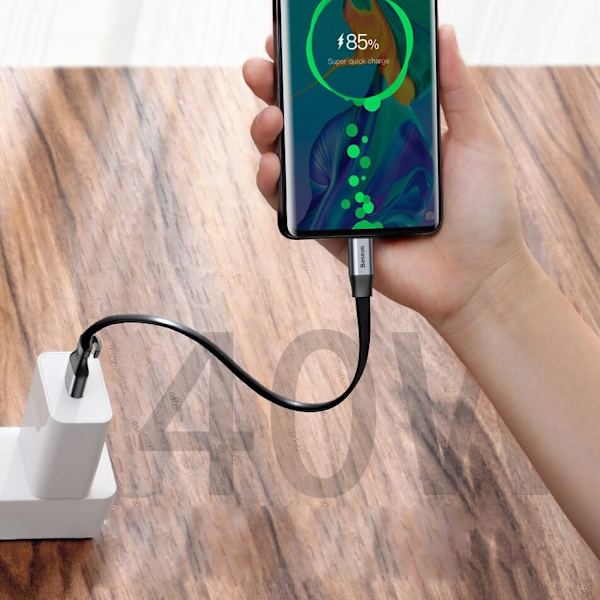 Baseus Enkel flatkabel USB / USB Type C SuperCharge 5A 40W Quick Charge 3.0 QC 3.0 23cm grå (CATMBJ-BG1)