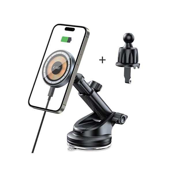 TECH-PROTECT MM15W-V5 MAGNETISK MAGSAFE DASHBOARD & VENT BILMONTERING TRÅDLØS OPLADER 15W SORT