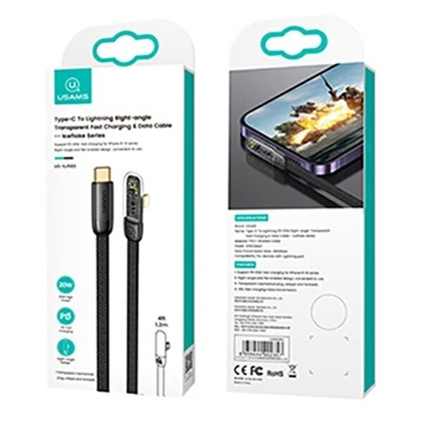 USAMS Vinklad USB-C till Lightning PD 20W Snabbladdning Iceflake Series-kabel 2m svart/svart SJ586USB01 (US-SJ586)