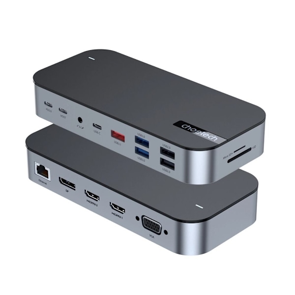 Choetech M52 USB-C HUB - USB-C PD/USB-C/USB-A/HDMI/VGA/DP/SD/TF/RJ45/AUX - grå