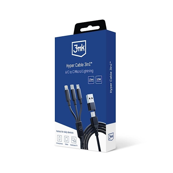 3mk Hyperkabel 3-i-1 USB-A - USB-C / USB-C - mikro-USB - Lightning 1,5 m - svart