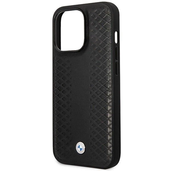 BMW LÆDER DIAMOND PATTERN MAGSAFE ETUI TIL IPHONE 14 PRO MAX - SORT