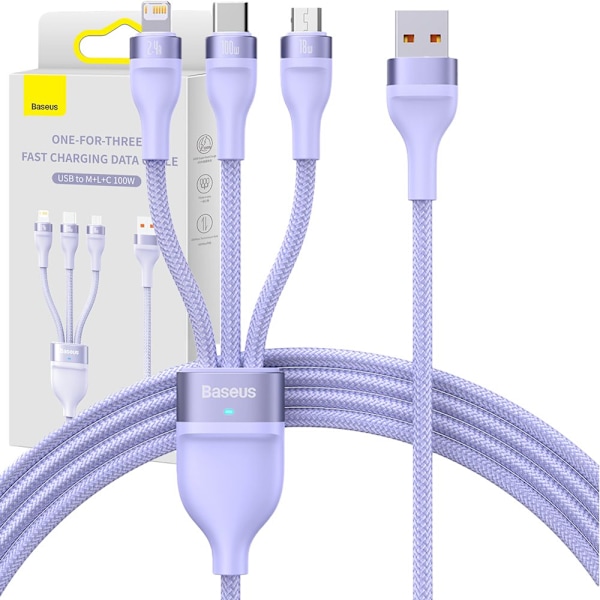 Baseus Flash-seriekabel USB Type C / USB Type A - USB Type C / Lightning / micro USB 100 W 1,5 m lilla (CASS030205)