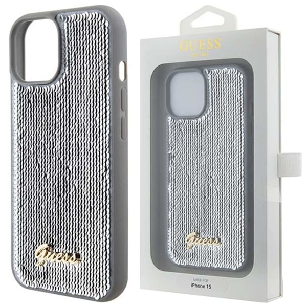 Guess Sequin Script Metalldeksel til iPhone 15 - sølv