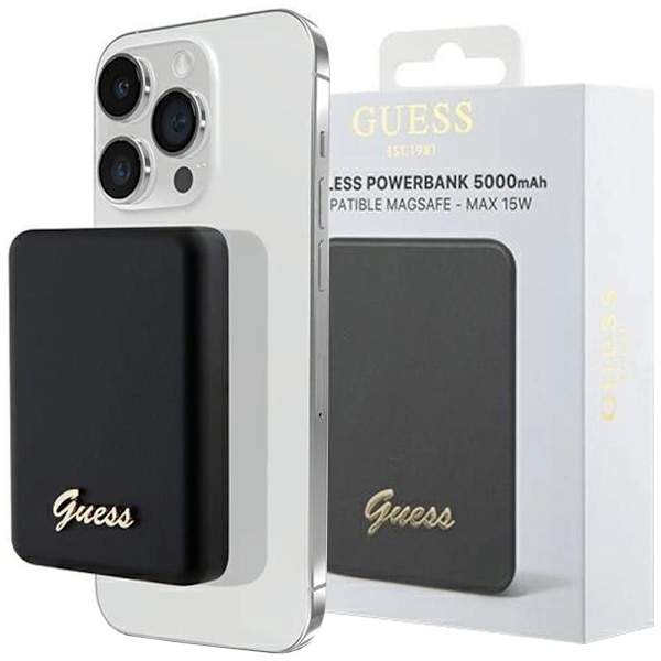 Guess MagSafe Metal Script Logo induksjonsstrømforsyning 15W 5000mAh - svart