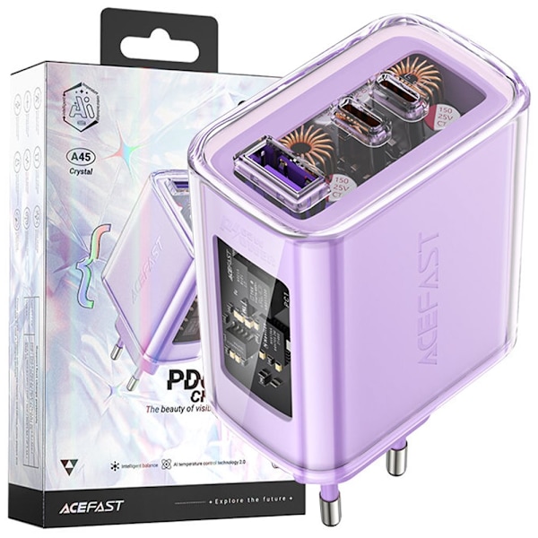 Acefast GaN-lader 65W 3 porter (1xUSB, 2xUSB C) lilla (A45)