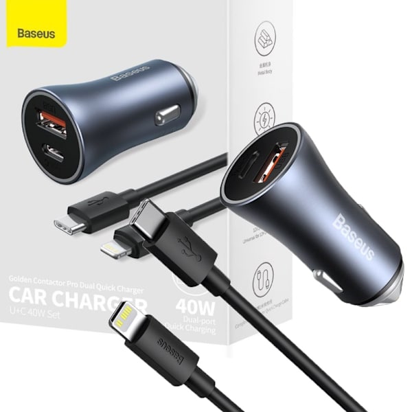 Baseus Golden Contactor Pro rask billader USB Type C / USB 40 W Strømforsyning 3.0 Hurtiglading 4+ SCP FCP AFC + USB Type C - Lightning-kabel Grå