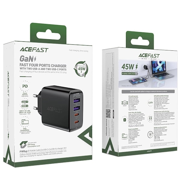 Acefast A61 PD 45W GaN-lader med 2 x USB-C + 2 x USB-A 4-porter - svart
