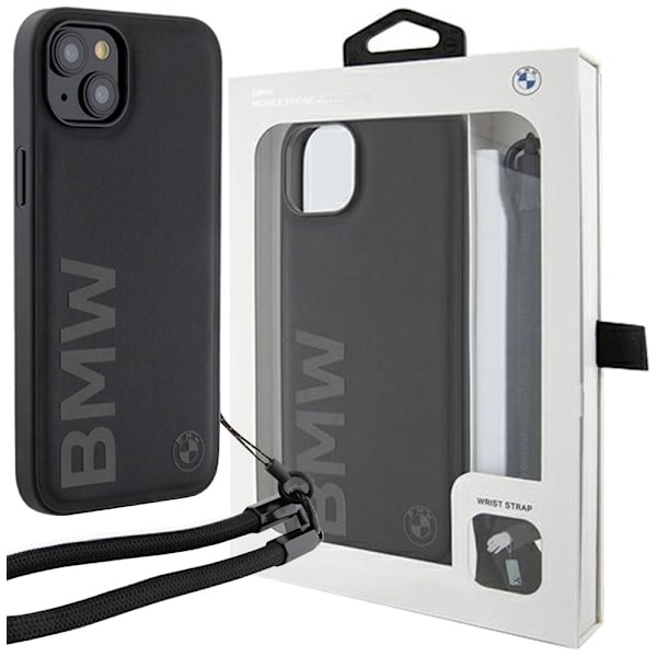 BMW Signature Leather Wordmark Cord Case for iPhone 15/14/13 - Svart