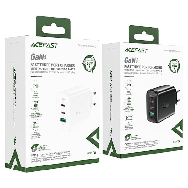 Acefast rask GaN-lader (2x USB-C / USB-A) PPS / PD / QC4+ 65W hvit (A41)