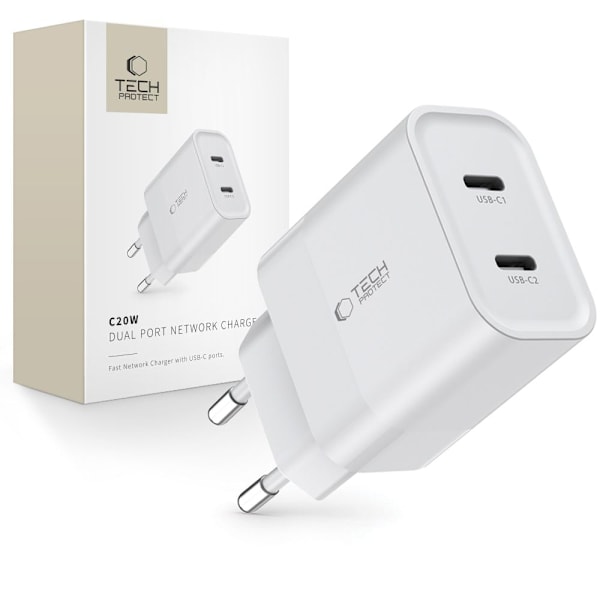 TECH-PROTECT C20W 2-PORTS NETVÆRKSOPLADER PD20W HVID