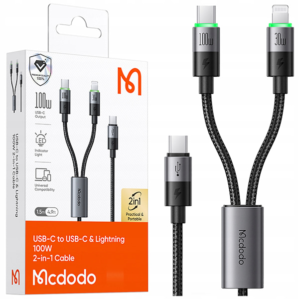 MCDODO USB-C 2IN1 SNABBLADDNINGSKABEL FÖR IPHONE 14 MACBOOK LED 100W 2M