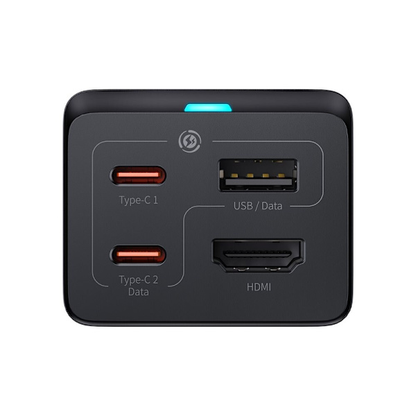 Baseus rask GaN5 Pro HUB HDMI-lader 2 x USB-C / USB-A / HDMI 4K 30Hz 1,5m svart + USB-C - USB-C 100W 40Gb/s (USB4) kabel 1m (CCGP110201)