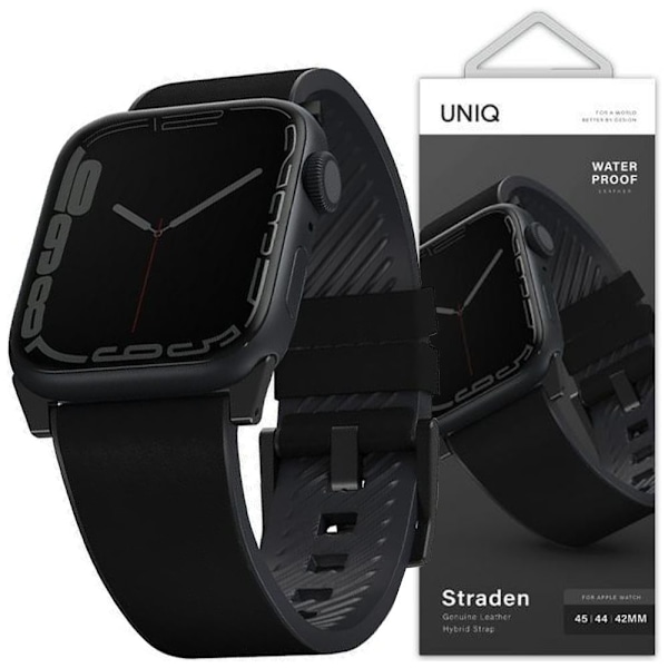 UNIQ armbånd Strade Apple Watch Series 4/5/6/7/8/SE/SE2/Ultra 42/44/45mm. Skinn hybridrem svart/svart