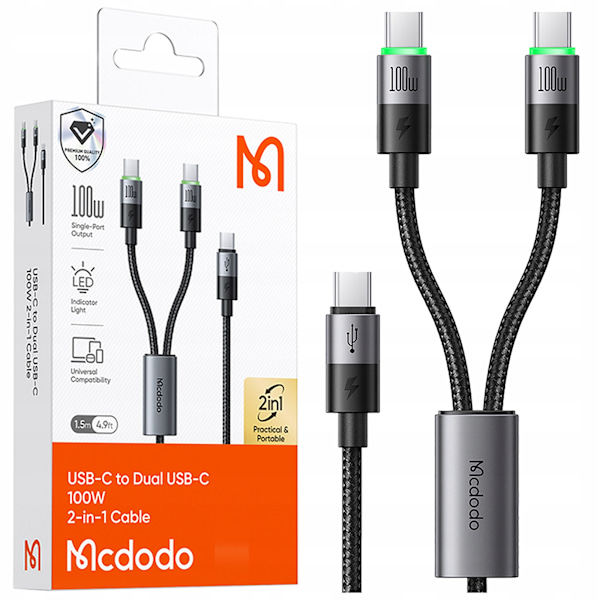 MCDODO USB-C 2IN1 SNABBLADDNINGSKABEL FÖR IPHONE MACBOOK LED 100W 2M