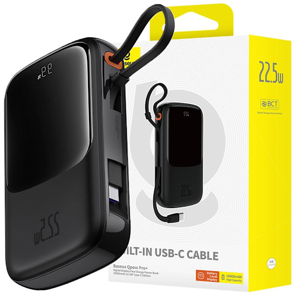 Baseus Qpow Pro+ 10 000 mAh 22,5 W strømforsyning med innebygd USB-C-kabel og skjerm - svart