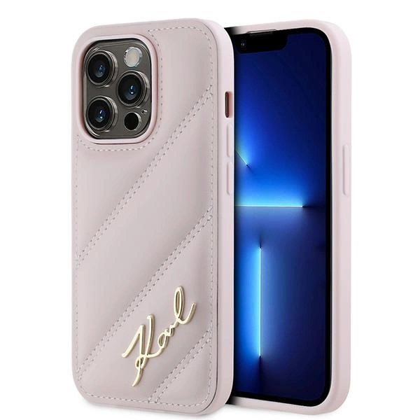 KARL LAGERFELD DIAGONAL QUILTED SCRIPT COVER TIL IPHONE 14 PRO MAX - PINK