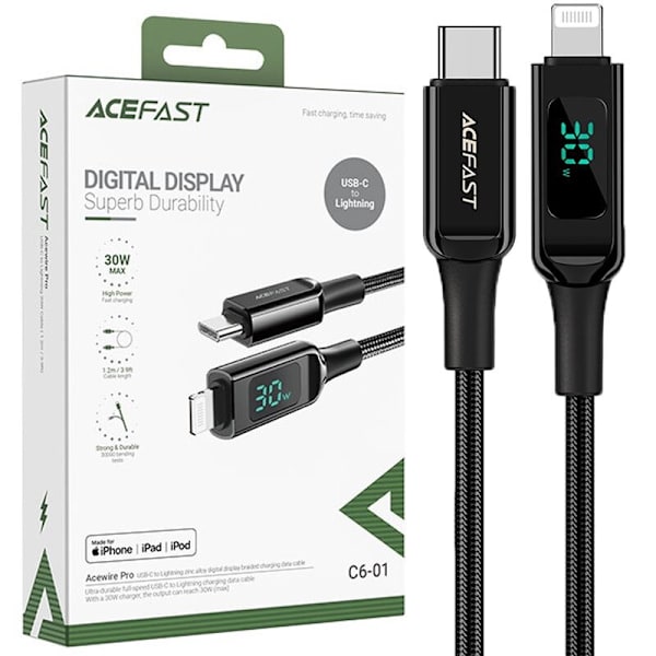 ACEFAST KABEL LANG MFI USB TYPE C - LYN 1,2M, 30W, 3A SORT