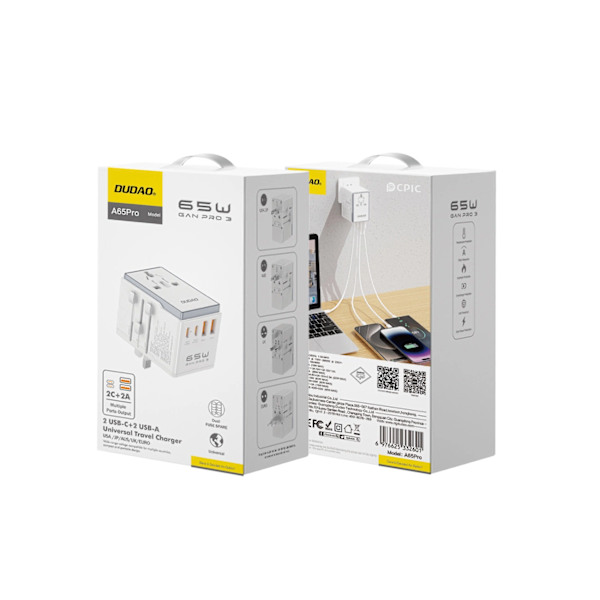 DUDAO A65PRO 65W EU / US / JP / AUS / UK REJSEADAPTER 2X USB-C 2X USB-A - HVID