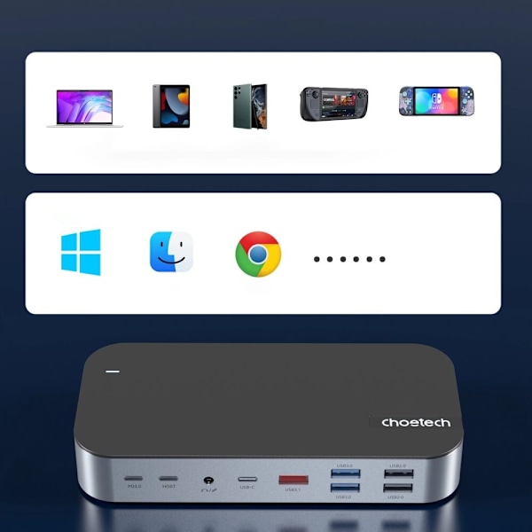 CHOETECH HUB USB-C - USB-C PD/USB-C/USB-A/HDMI /VGA/DP/SD/TF/RJ45/AUX GRÅ