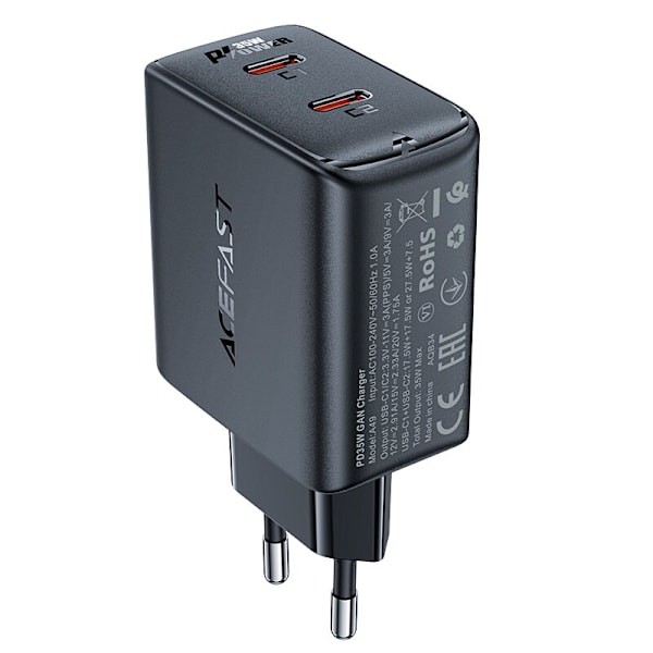 GaN 35W PD 2x USB C Acefast A49 hurtiglader - svart