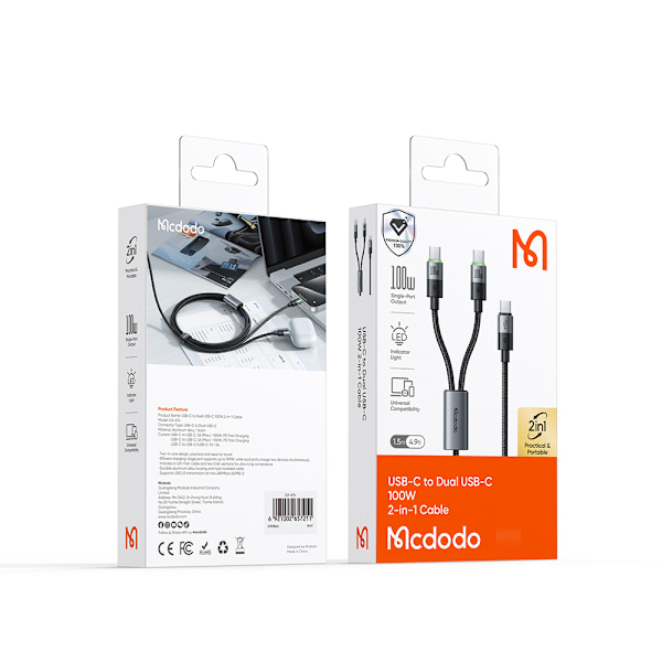 MCDODO USB-C 2IN1 SNABBLADDNINGSKABEL FÖR IPHONE MACBOOK LED 100W 2M