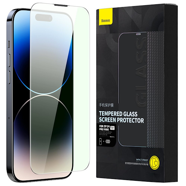 Baseus herdet glass i full skjerm for iPhone 14 Pro Max med antiblått lysfilter og 0,3 mm høyttalerdeksel + monteringsramme