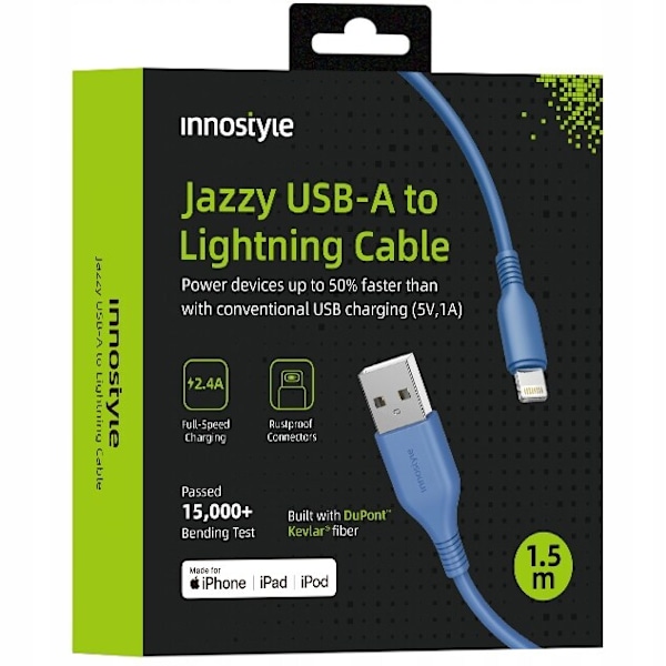 Innostyle Jazzy USB Lightning MFI Hurtigladingskabel for iPhone Kevlar 1,5m