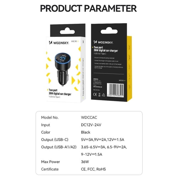 Wozinsky WDCCAC USB-C USB-A 36W billader - svart