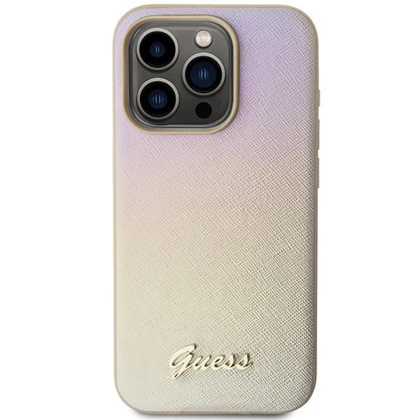 Guess Saffiano Iridescent Script-deksel til iPhone 15 Pro Max - Gull