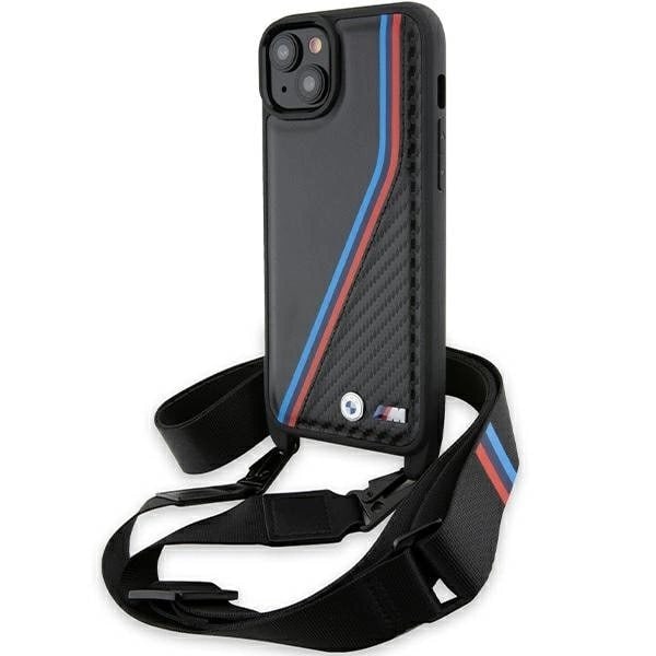 BMW M Edition Carbon Tricolor Lines & Strap Deksel til iPhone 15/14/13 - Svart